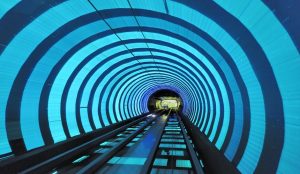 A quirky underground tunnel ride with colorful light and sound effects connecting the Bund and Pudong.