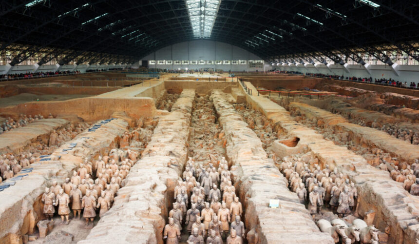 Thousands of life-sized terracotta soldiers, horses, and chariots buried with China’s first emperor, Qin Shi Huang.