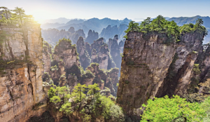 A stunning landscape of sandstone pillars and cliffs, known for inspiring the floating mountains in the movie Avatar.