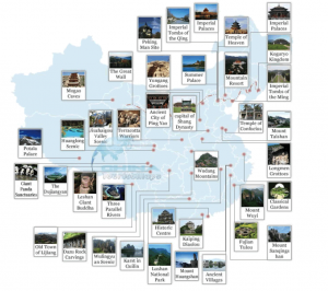 Illustrated map highlighting the locations of UNESCO World Heritage Sites across China