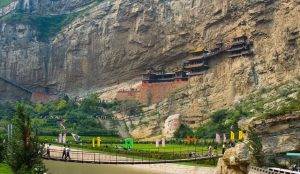 Ancient wooden Hanging Temple clinging to a cliffside in Datong, Shanxi Province.