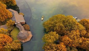 Serene West Lake surrounded by pagodas, willow trees, and tea plantations in Hangzhou