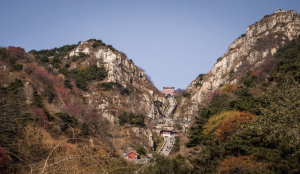 Ancient stone steps and temples on the sacred Mount Taishan in Shandong Province