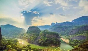 Lush tea-growing hills and winding rivers in the scenic Mount Wuyi area, Fujian Province