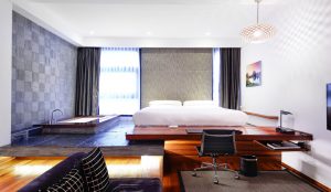 Modern eco-friendly architecture of URBN Boutique Hotel in Shanghai’s city center.