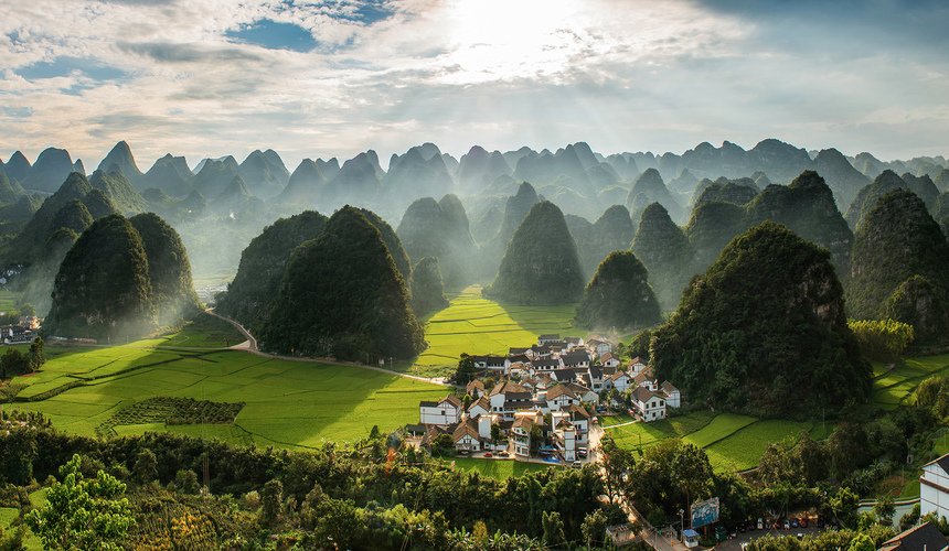 Vast karst mountain forest landscape of Wanfenglin Scenic Area in Guizhou, China.
