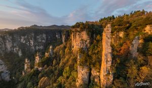 Towering sandstone pillars and misty cliffs in Zhangjiajie National Forest Park, Hunan Province