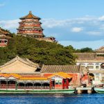 Visitors walking around Kunming Lake at the Summer Palace in Beijing under clear skies