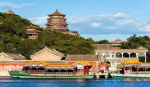 Visitors walking around Kunming Lake at the Summer Palace in Beijing under clear skies