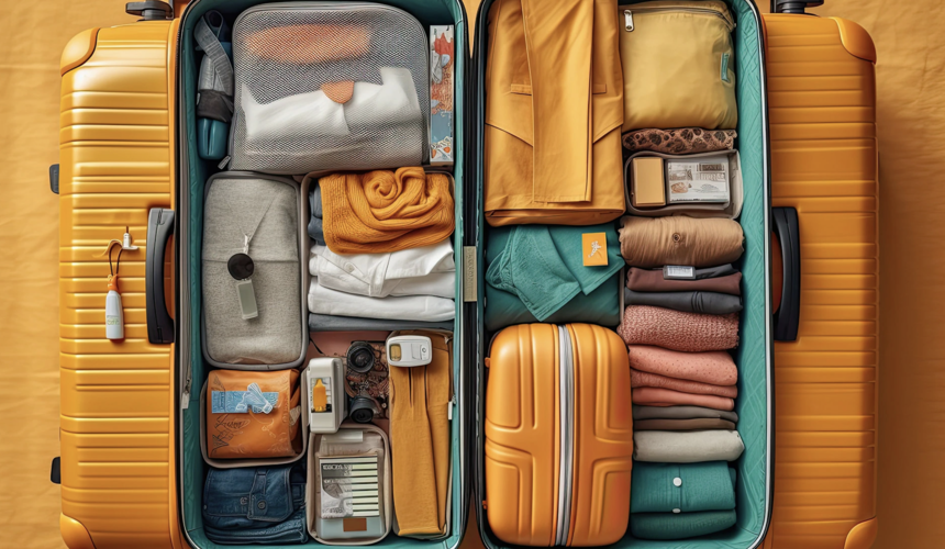 Laid-out summer clothes, hat, and travel gear for a trip to China