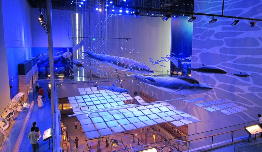 Modern architecture of the Guangdong Museum in Guangzhou against a blue sky