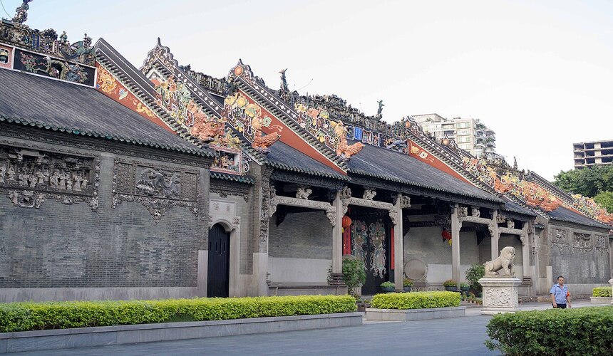Ornate traditional Chinese roof and stone carvings at Chen Clan Ancestral Hall in Guangzhou