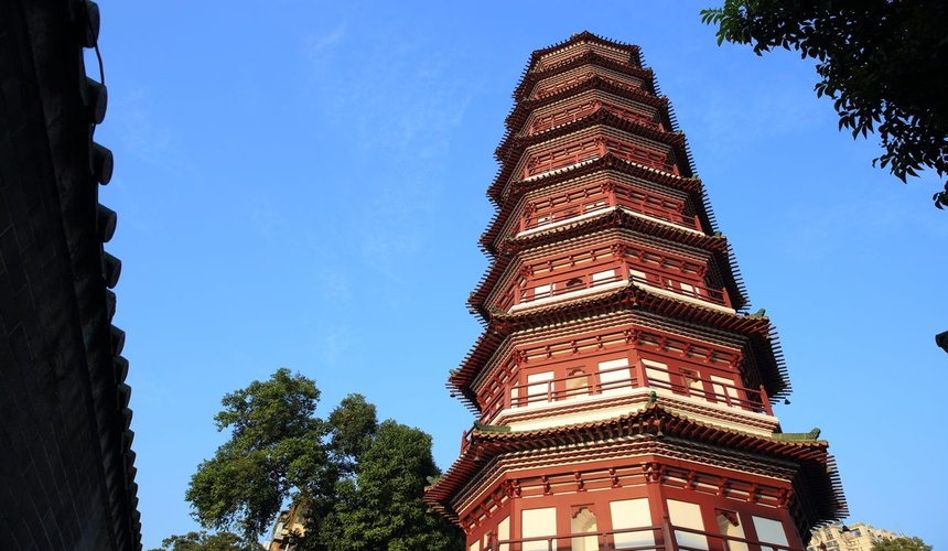 Ancient pagoda at the Temple of the Six Banyan Trees in Guangzhou, China