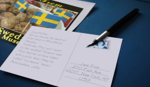 Example of a correctly addressed postcard with recipient details and international postage.