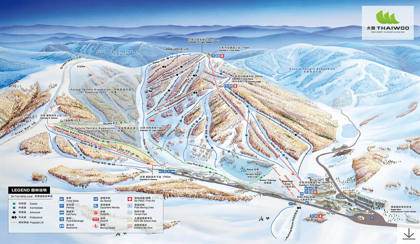 Tourist map of Thaiwoo Ski Resort in China highlighting ski runs