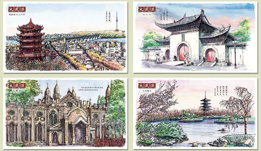 Colorful display of China-themed postcards featuring landmarks like the Great Wall, pandas, and temples.