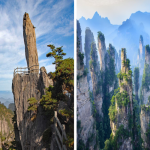 Scenic view of Zhangjiajie’s towering sandstone pillars alongside Huangshan’s misty granite peaks in China.