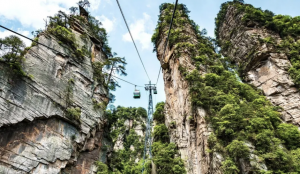 Panoramic landscape of Zhangjiajie National Forest Park with dramatic sandstone pillars and lush greenery in China.