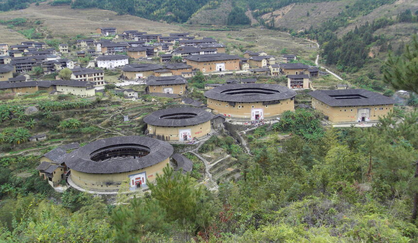 Traditional circular earthen buildings of the Hakka people in Fujian province.