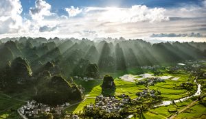 Majestic karst landscape featuring thousands of green limestone peaks in Guizhou.
