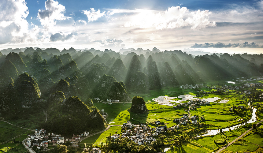 Majestic karst landscape featuring thousands of green limestone peaks in Guizhou.