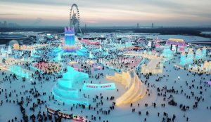 Harbin winter scene with snow-covered streets, ice festivals, and Nordic-inspired architecture.