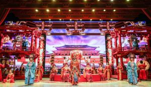 Tang Dynasty music and dance show in Xi’an with performers in historical costumes recreating ancient court entertainment.
