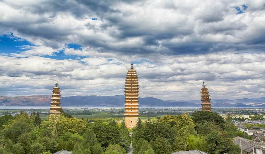 The historic Three Pagodas of Dali set against Cangshan Mountains in Yunnan