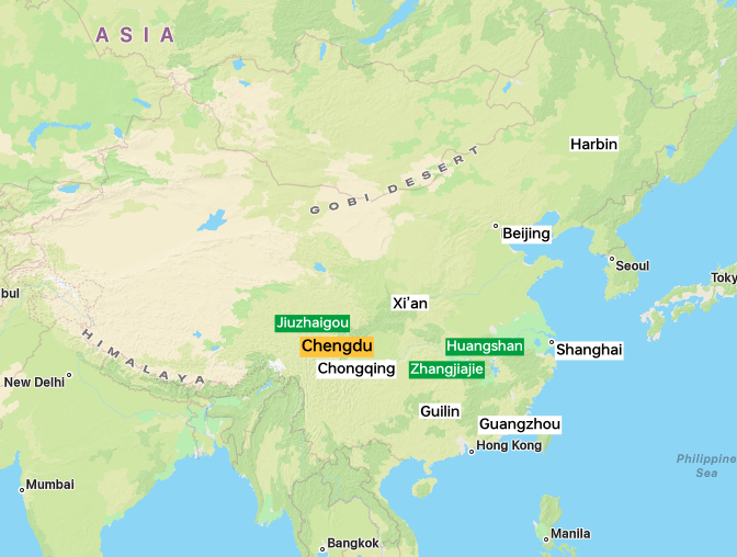 map showing Chengdu location in Sichuan province in southwest China with surrounding cities and transport connections 