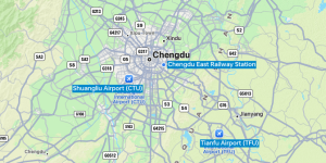map highlighting major railway stations in Chengdu including Chengdu East Railway Station, Chengdu South Railway Station, and Chengdu Railway Station