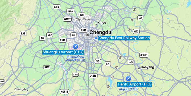 map highlighting major railway stations in Chengdu including Chengdu East Railway Station, Chengdu South Railway Station, and Chengdu Railway Station