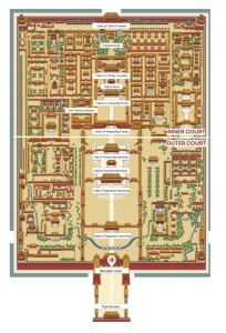 Illustrated map of the Forbidden City showing palace halls, gates, courtyards, and the central imperial axis in Beijing.
