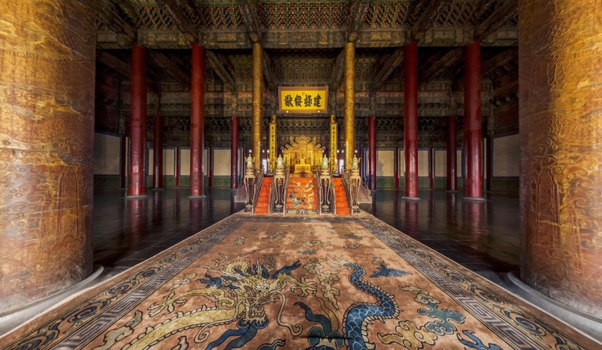 Grand Gate of Supreme Harmony in the Forbidden City featuring marble stairways, bronze vessels, and imperial architecture.