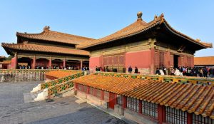 The Hall of Union in the Forbidden City featuring elegant symmetry, carved wooden details, and symbolic imperial design.