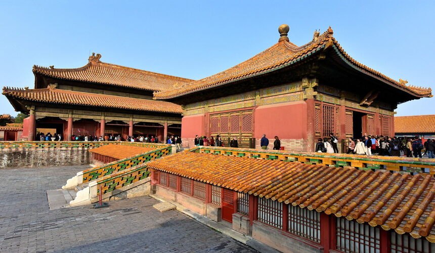 The Hall of Union in the Forbidden City featuring elegant symmetry, carved wooden details, and symbolic imperial design.