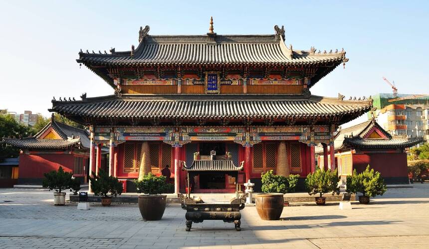 Ancient Tibetan Buddhist temple architecture at Dazhao Temple in Hohhot, Inner Mongolia
