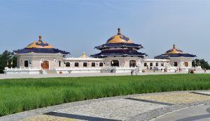 Historic Genghis Khan Mausoleum complex in Ordos, Inner Mongolia with traditional Mongolian architecture
