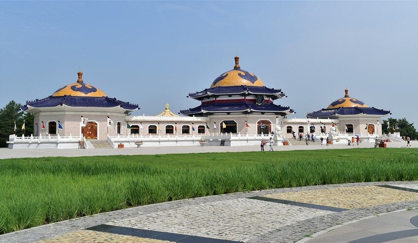 Historic Genghis Khan Mausoleum complex in Ordos, Inner Mongolia with traditional Mongolian architecture