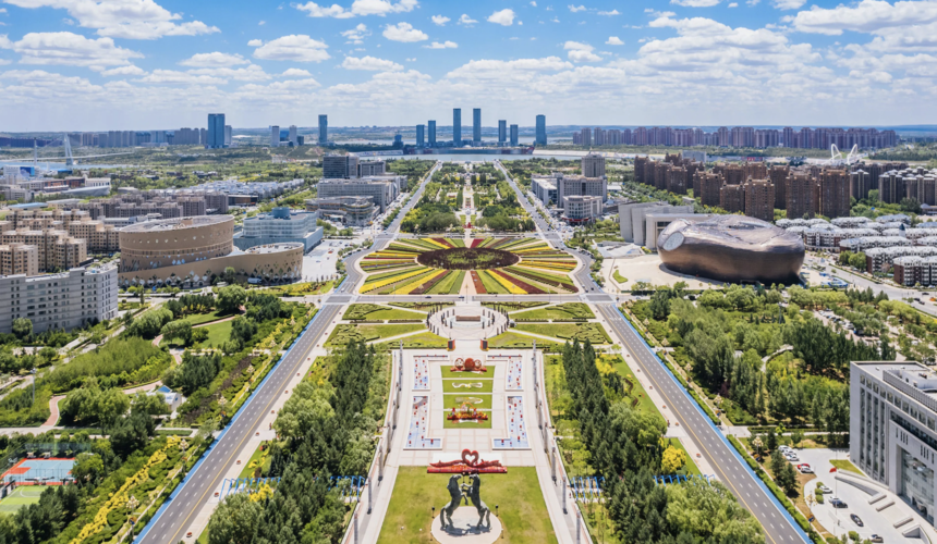 Modern city skyline and desert landscapes in Ordos, Inner Mongolia