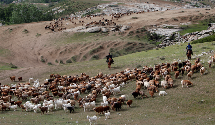 Panoramic landscape of western China featuring mountains, grasslands, deserts, and remote wilderness stretching to the horizon