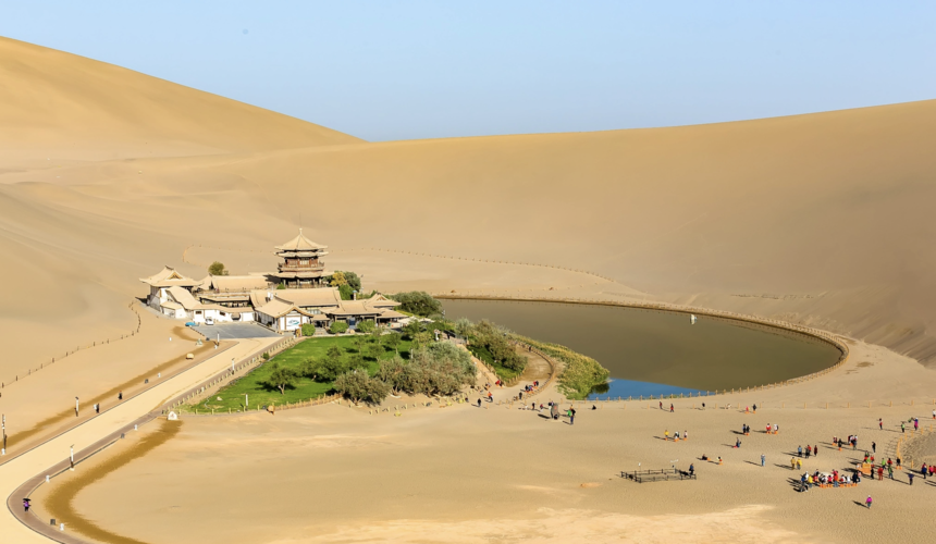 Ancient Silk Road landscape in Gansu with desert scenery, historic trade routes, and rugged mountains