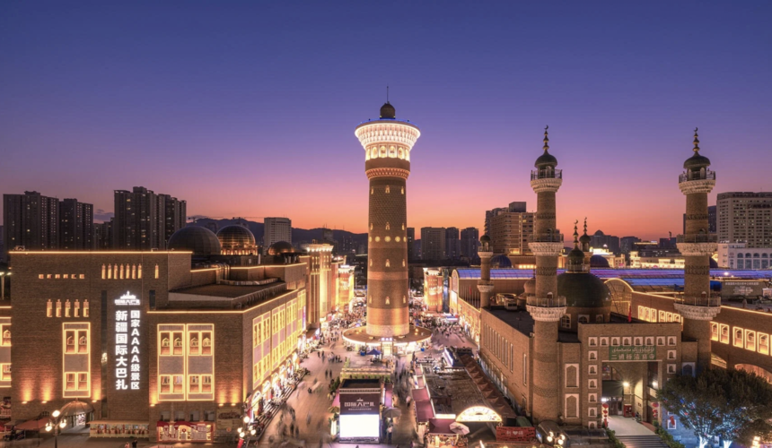 Modern skyline and bustling streets of Xinjiang Urumqi, the capital city of the Xinjiang region