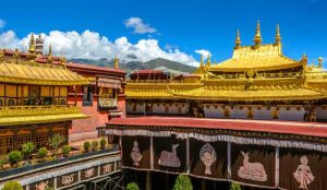 The historic Jokhang Temple in Lhasa, one of the most sacred sites in Tibet, China