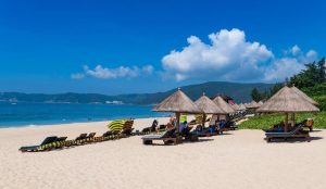 Pristine white sand beach and clear blue sea at Yalong Bay in Sanya, China