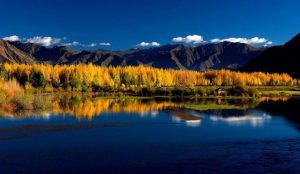 The Lhasa River flowing through the Tibetan plateau near Lhasa, Tibet, China