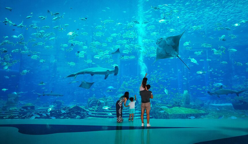 Visitors exploring marine life exhibits at The Lost Chambers Aquarium in Sanya, China