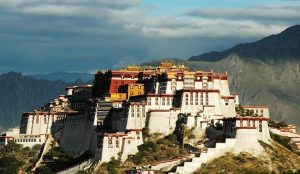 Traditional Tibetan architecture and mountain scenery in Tibet, China