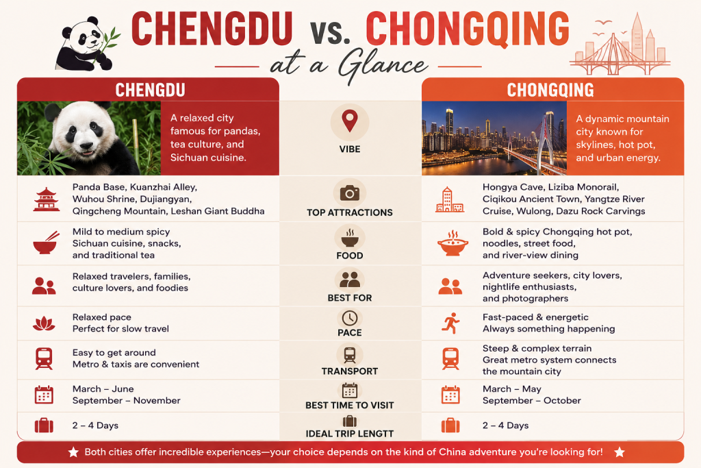 Chengdu and Chongqing cityscapes highlighting the cultural and scenic differences between the two cities.