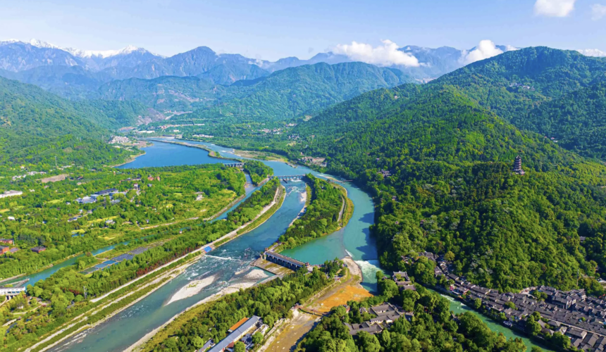 The historic Dujiangyan Irrigation System surrounded by rivers and mountains near Chengdu.