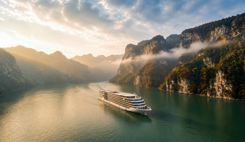 Cruise ship sailing through the scenic Yangtze River and Three Gorges departing from Chongqing.